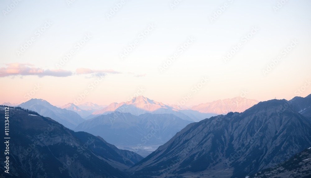 Naklejka premium Majestic Mountain Range at Sunrise Pastel Hues