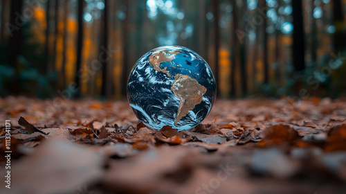 Crystal globe centered on a warm orange fall background symbolizing global unity seasonal change and sustainability earth tones evoke a sense of warmth connection and environmental awareness