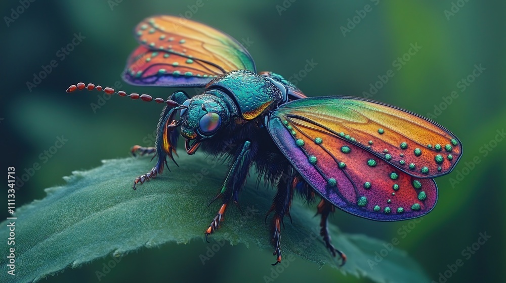 Fototapeta premium Vibrant Jewel Scarab Beetle on Leaf: A Masterpiece of Nature's Art