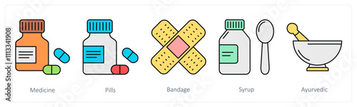 A set of health icons as medicine, pills, bandage