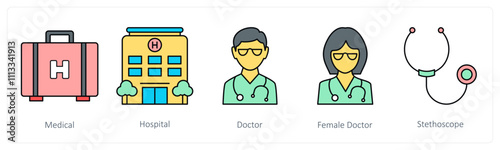 A set of medical icons as medical, hospital, doctor