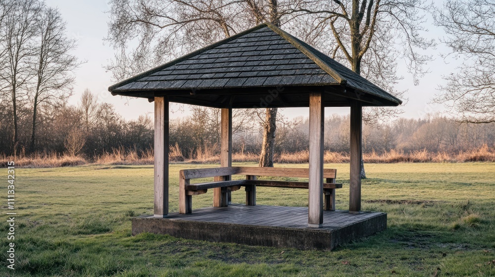 Wooden Gazebo With Bench In A Grassy Field Wooden Gazebo With Bench In A Grassy Field
