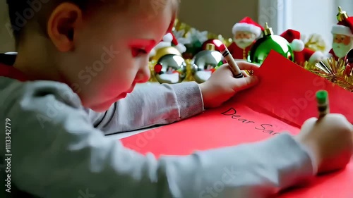 Close-up of a child writing 'Dear Santa' on red paper