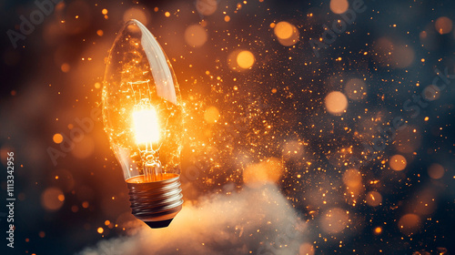 glowing light bulb shaped like a rocket launches upward symbolizing innovation creativity business growth success and forward thinking set against a vibrant gradient background photo