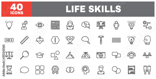 Set of 40 line icons life skills. Outline icon collection. Editable stroke. Vector illustration.