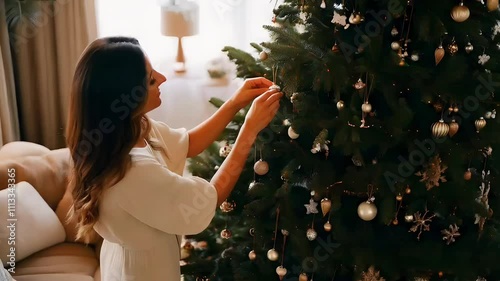 Woman placing ornaments on a christmas tree