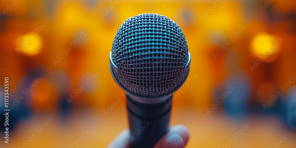 Macro view of a microphone held by a hand, set against a pastel orange background with enchanting bokeh. Macro view of a microphone held by a hand, set against a pastel orange background with enchanting bokeh.