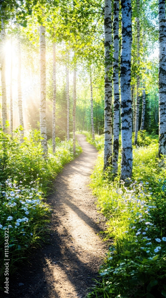Fototapeta premium Sunbeams dance through the verdant forest, illuminating a winding path