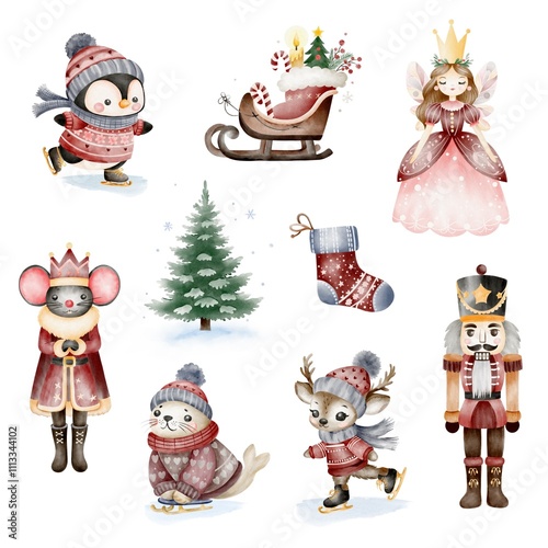 Christmas set, set of elements. Holiday animals, nutcracker, princess, mouse. New Year tree and toys.