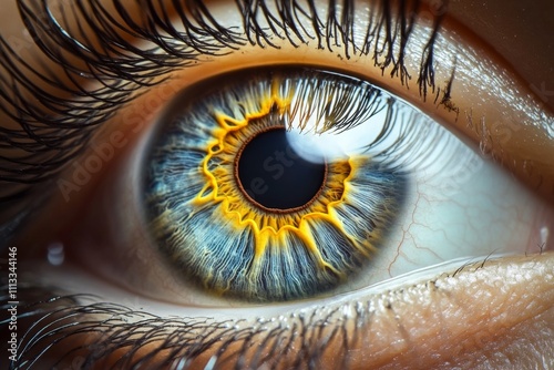 Close-up of a deep blue eye with a central iris, light blue pupil, and dark eyelashes, conveying depth and dimension