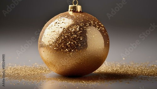 A golden Christmas ball with a glossy sheen, surrounded by a faint scattering of gold glitte photo