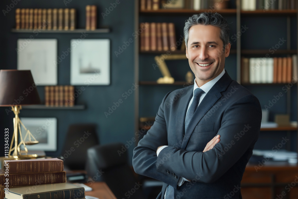Confident lawyer posing in a well-appointed law office with books and decor. Generative AI Confident lawyer posing in a well-appointed law office with books and decor. Generative AI