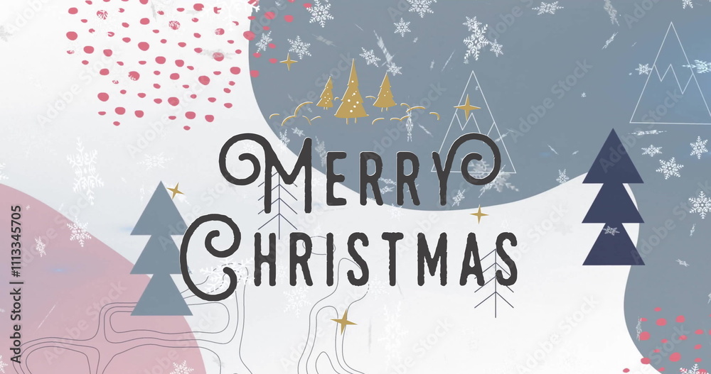 Image of merry christmas text and snow falling over winter scenery Image of merry christmas text and snow falling over winter scenery