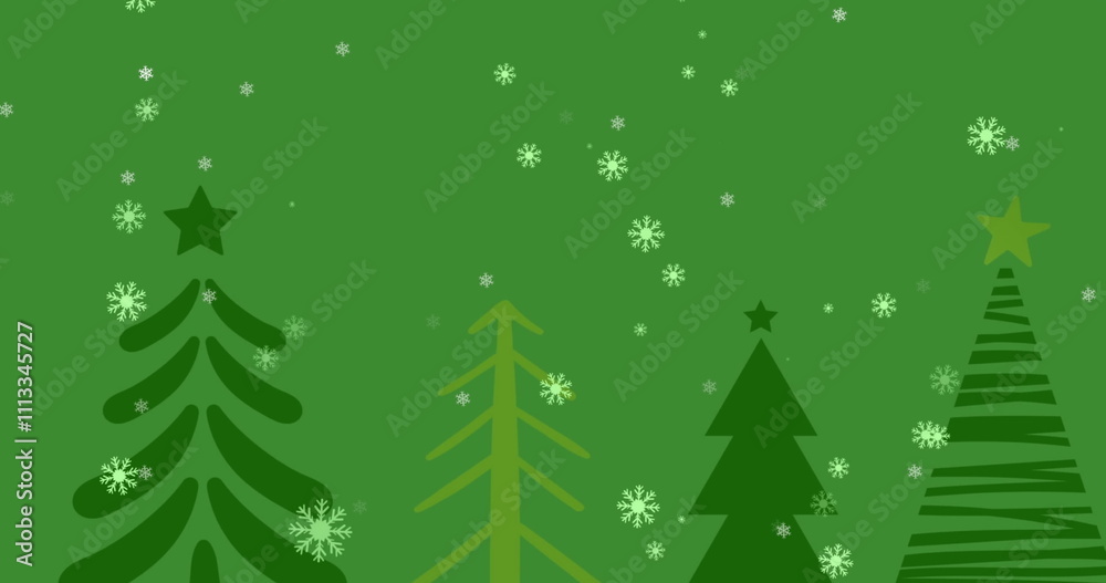 Image of snow falling over christmas trees on green background Image of snow falling over christmas trees on green background