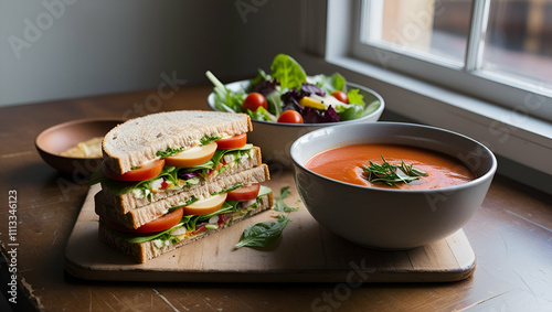 A delicious sandwich with salad and soup on a rustic table