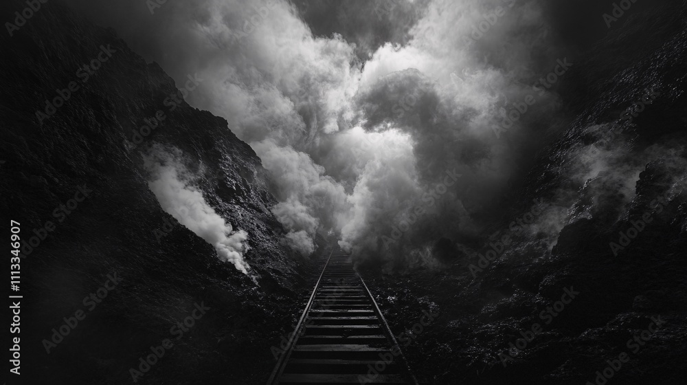 Fototapeta premium A dark, smoke-filled pathway leading downward into a hellish world of fire and brimstone, with a white backdrop