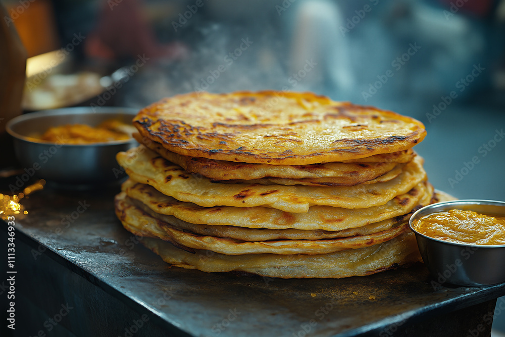 Delicious stack of homemade flatbreads served with rich curry on a busy street. Generative AI Delicious stack of homemade flatbreads served with rich curry on a busy street. Generative AI