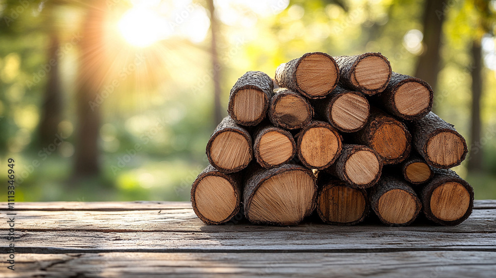 neatly stacked pile of firewood surrounded by scattered logs in a natural forest setting symbolizing preparation warmth sustainability and the harmony of human activity with nature