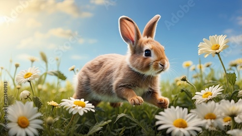 A adorable baby bunny is jumping in a field of daisies.