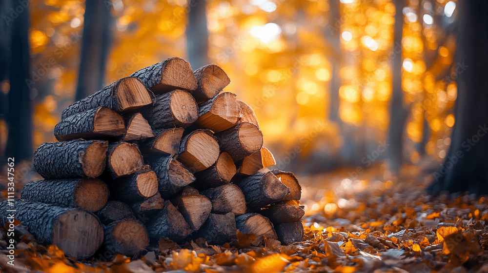 neatly stacked pile of firewood surrounded by scattered logs in a natural forest setting symbolizing preparation warmth sustainability and the harmony of human activity with nature neatly stacked pile of firewood surrounded by scattered logs in a natural forest setting symbolizing preparation warmth sustainability and the harmony of human activity with nature