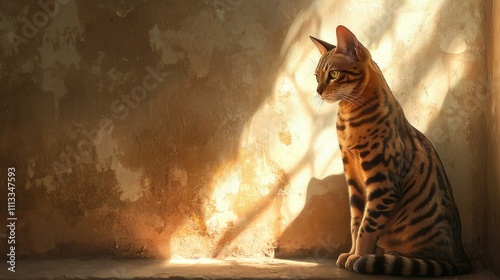 The elegance of a Bengal cat shines as it sits calmly, its coat striking patterns highlighted under warm light.