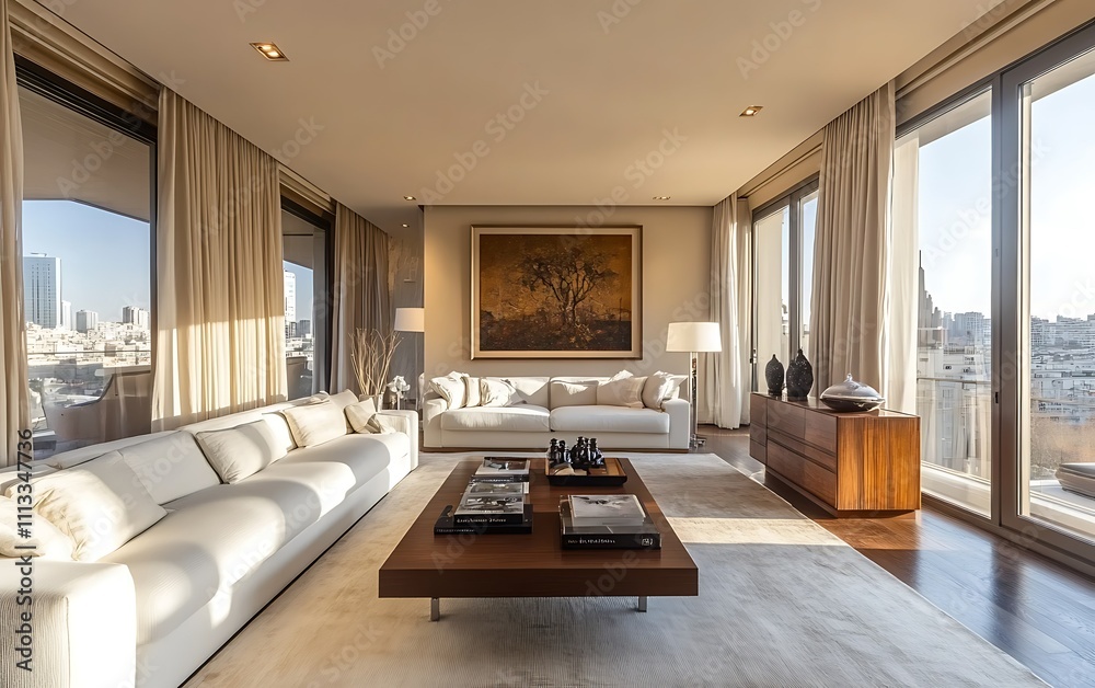 Luxurious modern living room with city view, featuring white sofas, wooden coffee table, and large windows. Luxurious modern living room with city view, featuring white sofas, wooden coffee table, and large windows.
