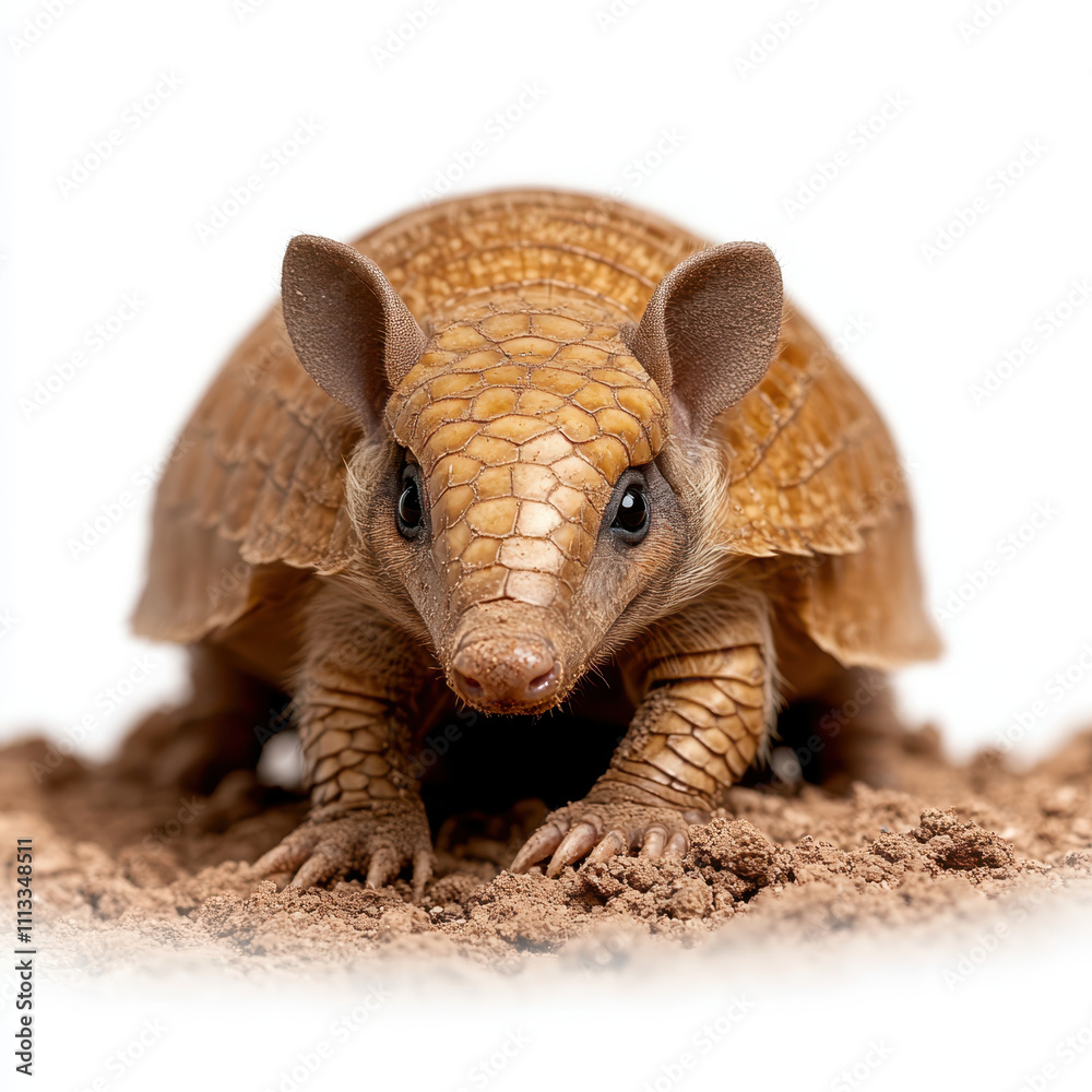 Fototapeta premium curious baby armadillo exploring ground with its unique texture