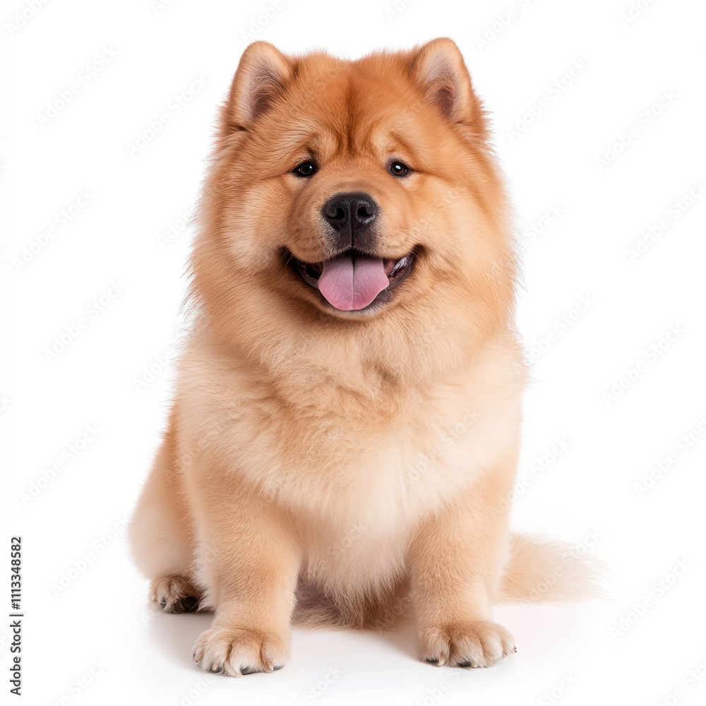 Fluffy chow chow dog sitting calmly on white background, looking happy Fluffy chow chow dog sitting calmly on white background, looking happy