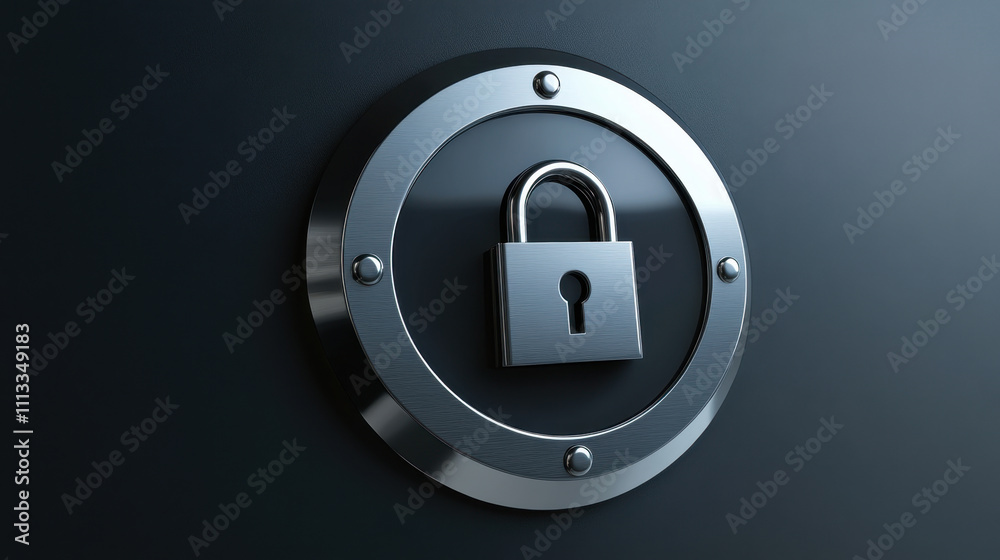 Secure lock icon in metallic shield design, symbolizing data privacy and protection. This conveys sense of safety and security in digital environments Secure lock icon in metallic shield design, symbolizing data privacy and protection. This conveys sense of safety and security in digital environments