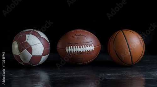 American Football, Soccer, and Basketball: A Trio of Sports Balls photo