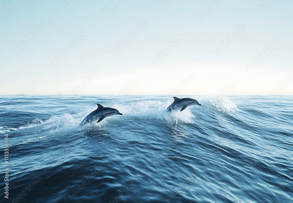 Fototapeta premium Two Dolphins Leap Joyfully Over Ocean Waves
