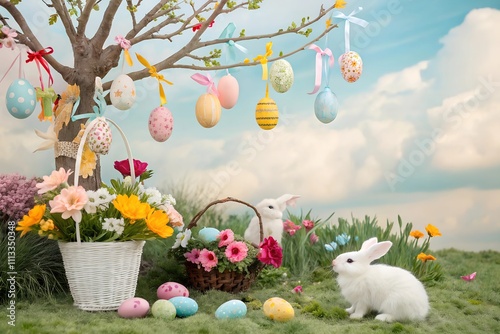 Easter scene with bunnies, decorated tree, colorful eggs, and flowers in a whimsical spring landscape photo