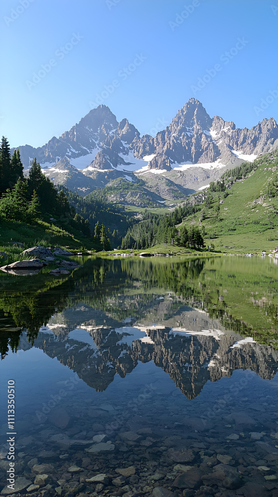 Serene High Altitude Lake with Colorful Reflection and Snow Capped Peaks in Vibrant Alpine Landscape Serene High Altitude Lake with Colorful Reflection and Snow Capped Peaks in Vibrant Alpine Landscape