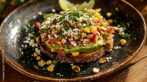 A vibrant serving of avocado toast features a generous layer of smashed avocado, topped with fresh corn, diced tomatoes, and cheese. This dish is beautifully presented on a rustic wooden plate. photo