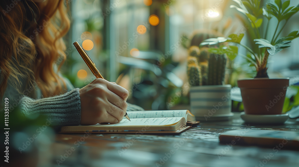 Obraz premium Close-Up of Hand Writing Notes in Journal with Pen and Workspace Background