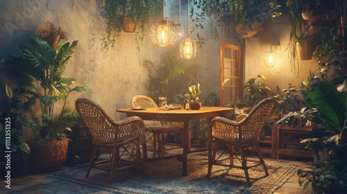 Tranquil Indoor Garden Dining Room Scene With Plants