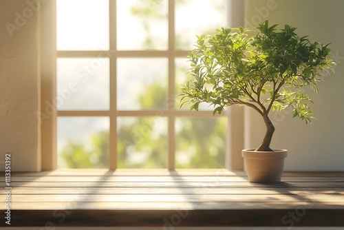 Small potted plant sits on wooden surface near window