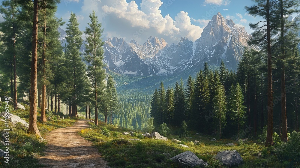 Forest Trail Leading to Mountains in Detailed Cartoon Style. AI generated illustration