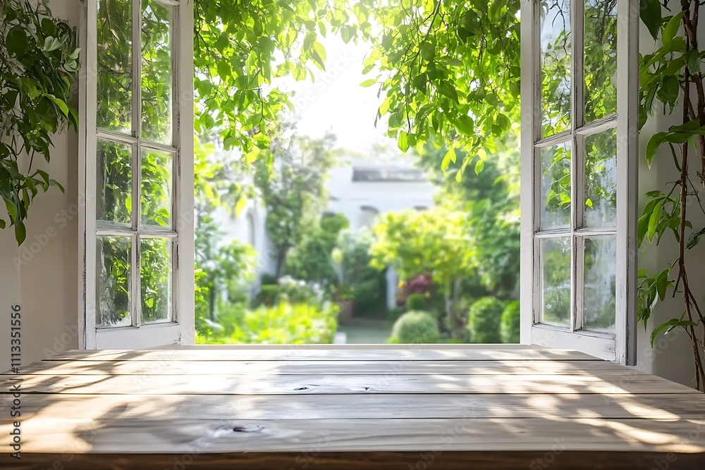 Wooden Windowsill Overlooking Lush Green Garden Wooden Windowsill Overlooking Lush Green Garden