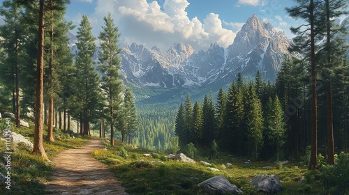 Obraz na płótnie Forest Trail Leading to Mountains in Detailed Cartoon Style. AI generated illustration w salonie