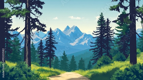 Forest Trail Leading to Mountains in Detailed Cartoon Style. AI generated illustration