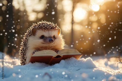 Hedgehog Reading a Book in Winter Snow at Sunset. AI generated illustration