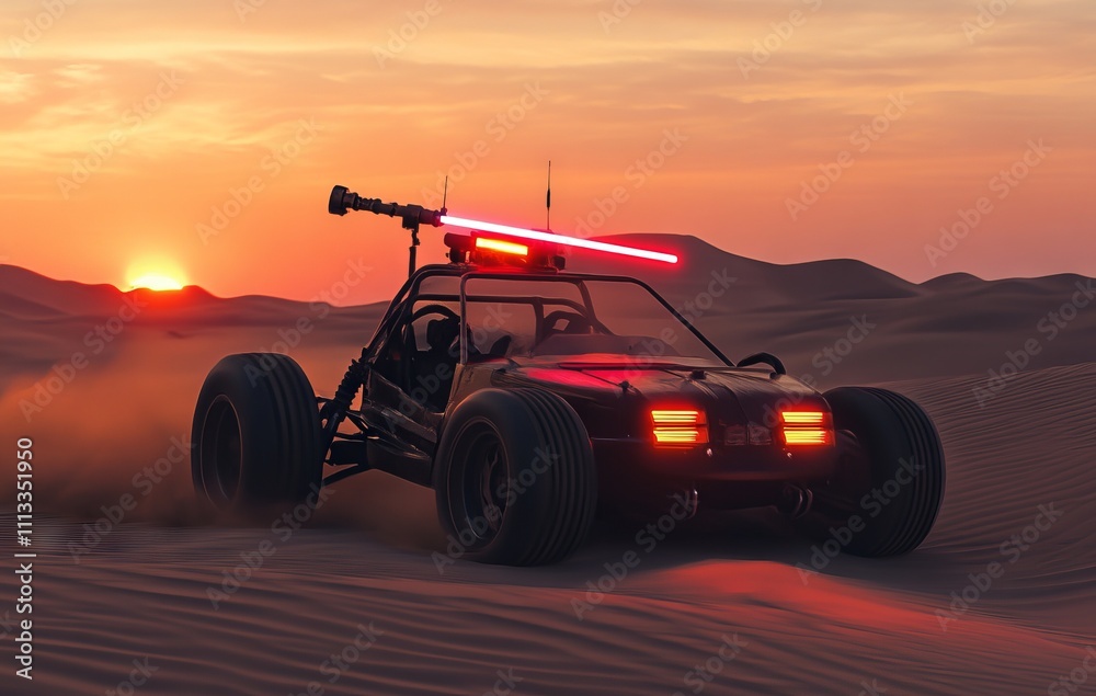 Dune Buggy with Lightsabers Driving Through Desert at Sunset. AI generated illustration Dune Buggy with Lightsabers Driving Through Desert at Sunset. AI generated illustration