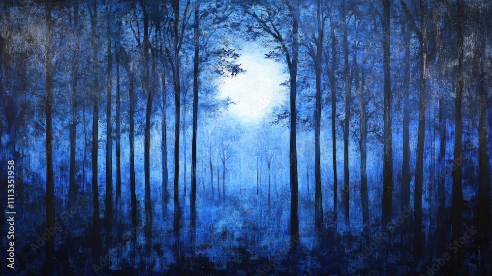 Moonlit blue forest, ethereal trees, serene night.