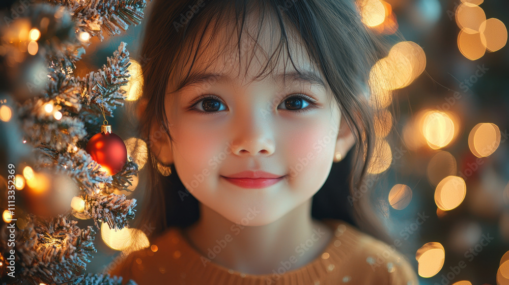Smiling girl with long hair in front of Christmas tree, surrounded by warm lights and ornaments, creating joyful holiday atmosphere Smiling girl with long hair in front of Christmas tree, surrounded by warm lights and ornaments, creating joyful holiday atmosphere