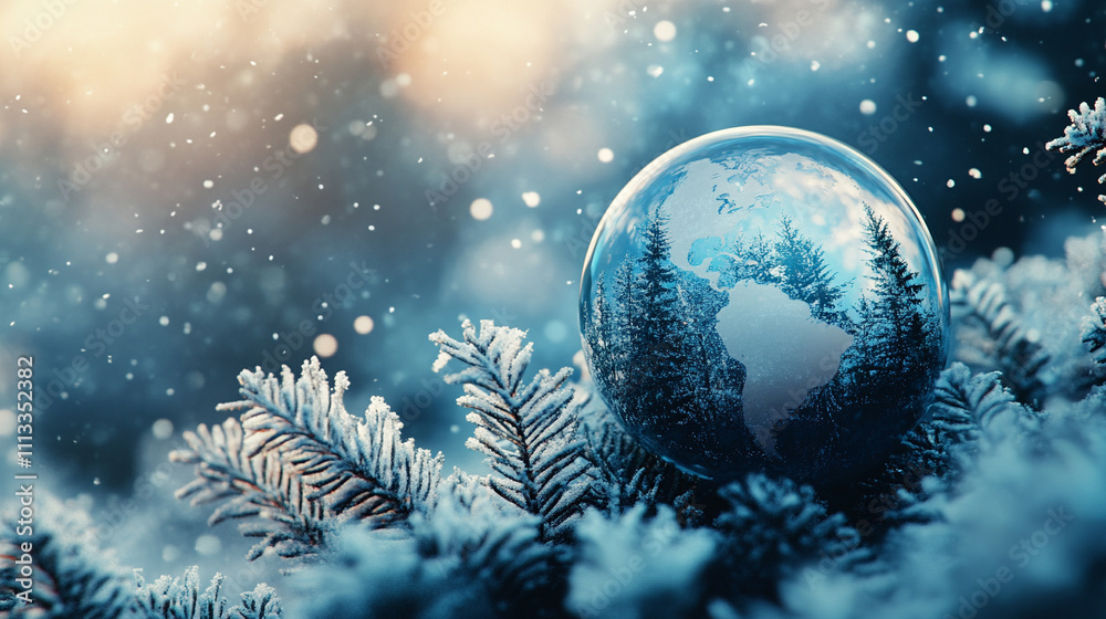 crystal glass globe on a snowy winter background symbolizes global unity environmental harmony and the fragility of the Earth showcasing the beauty of nature and the importance of sustainability crystal glass globe on a snowy winter background symbolizes global unity environmental harmony and the fragility of the Earth showcasing the beauty of nature and the importance of sustainability