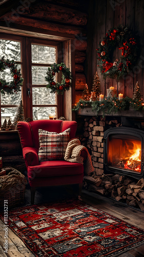 Cozy Winter Cabin Living Room with Fireplace Red Chair and Festive Decorations