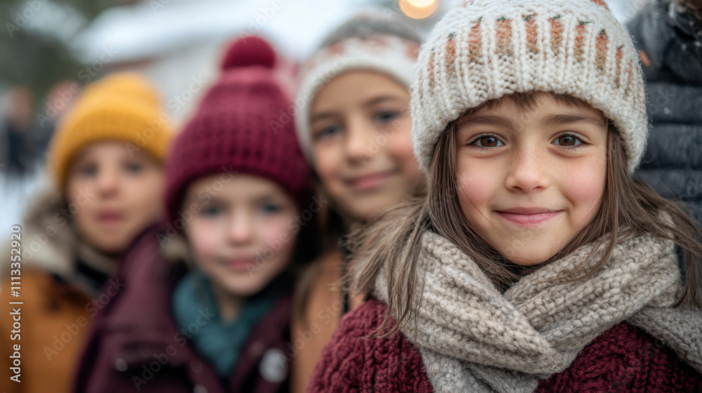 Warm smiles of children in winter hats and scarves, enjoying snowy day together. Their joyful expressions reflect happiness of season Warm smiles of children in winter hats and scarves, enjoying snowy day together. Their joyful expressions reflect happiness of season