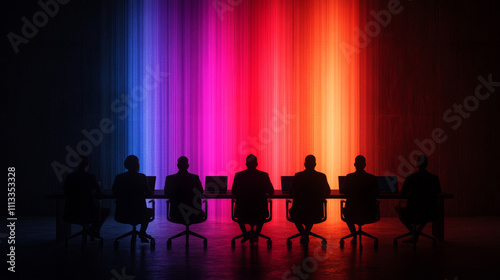 Silhouetted figures sit at a table facing a vibrant, multicolored light display. A mysterious and captivating scene.