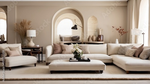 Chic living room interior with couches and carpet- photo